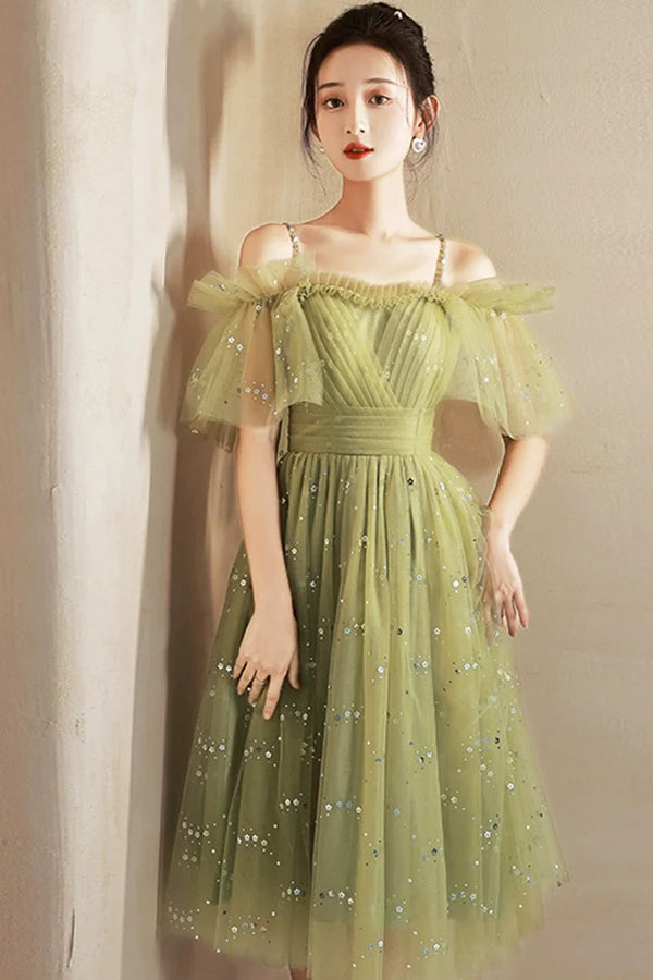 Wholesale Green Spaghetti Strap Tulle Short Prom Dress Charming Knee Length A-Line Party Dress